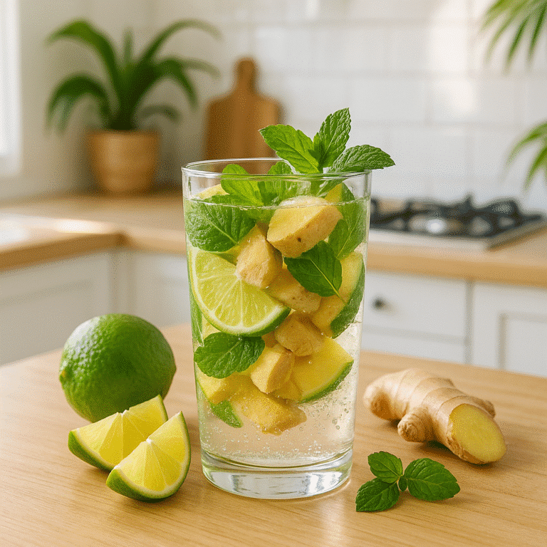 Natural Brazilian Mounjaro Recipe (2025 Guide for Weight Loss & Wellness) 8 Natural Brazilian Mounjaro detox drink in a glass with lime and ginger