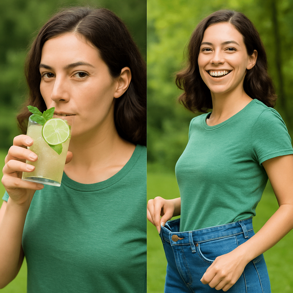 Natural Brazilian Mounjaro Recipe (2025 Guide for Weight Loss & Wellness) 10 Woman drinking natural Mounjaro drink with visible weight-loss glow