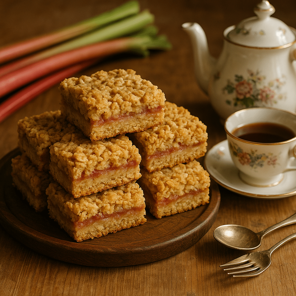 Amish Oatmeal Rhubarb Bars Recipe (2025 Guide) – A Sweet Heritage Treat You’ll Love! 14 Perfectly baked Amish rhubarb oat bars with tea.
