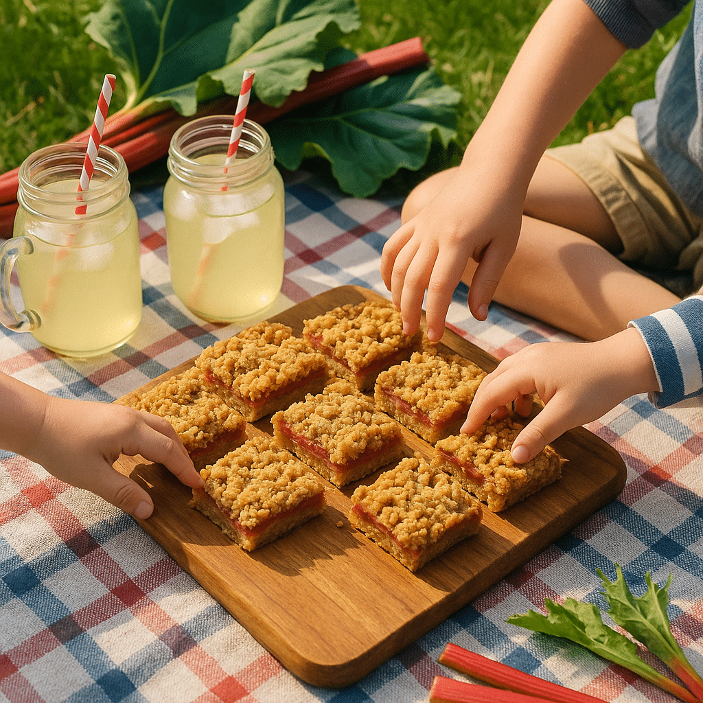 Amish Oatmeal Rhubarb Bars Recipe (2025 Guide) – A Sweet Heritage Treat You’ll Love! 16 Rhubarb oat bars served at rustic outdoor picnic.