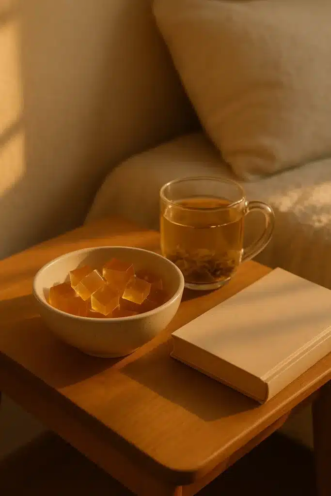 Easy Bariatric Gelatin Recipe for Weight Loss & Recovery (2025) 14 Nighttime bariatric gelatin snack next to tea