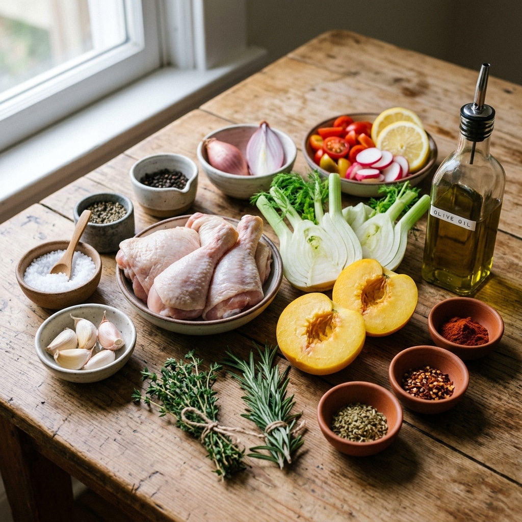Roasted Chicken With Fennel and Peaches recipe